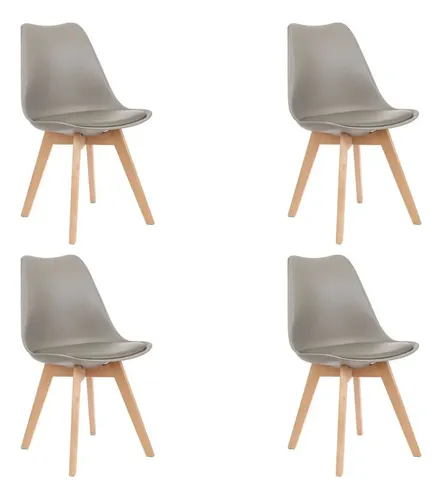 Juego De 4 Sillas De Comedor Tapizadas Con Diseño De Madera Tulipa De Eames, Asiento Gris Tulipán Beige