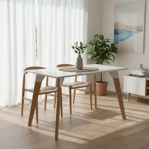 Mesa Fija Rectangular Oslo 140 X 82- Tapa Blanca Base Roble