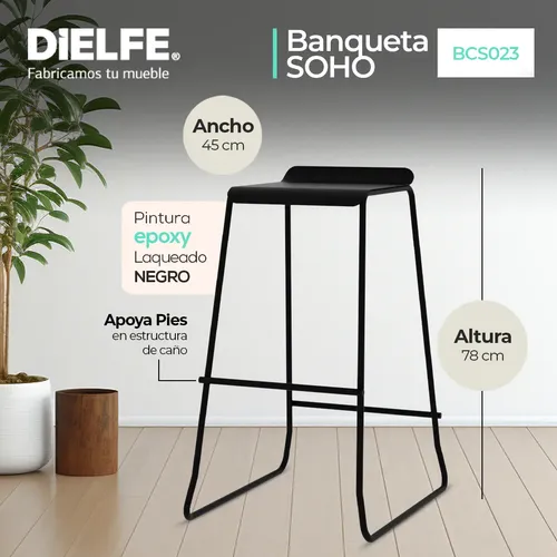 Banquetas Industrial Soho Negra Taburete Kit X2 Alto Asiento De Chapa Metálica Con Respaldo Caño Redondo 5/8 Para Barra Cocina Desayunador Living Resistente 90 Kg Bcs023 Dielfe Laqueado Negro