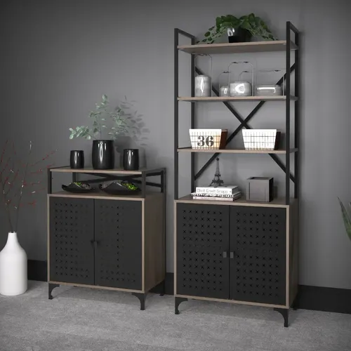 D_856023-MLU76588384214_062024-O.webp Biblioteca Estanteria Melamina Diseño Industrial Moderno Linea Soho Organizador Oficina Living Exhibidor Con Puertas Canyon Negro 172 Cm Ess070 Dielfe