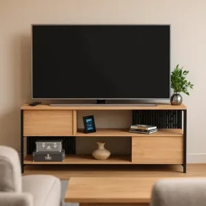 Mueble Para Tv Rack Living Industrial Roble Kendal Metales En Negro Apto Tv 55'' 2 Puertas 1 Estante Abierto Melamina Patas De Hierro Aparador Bajo Para Playstation Organización Rpb130 Dielfe
