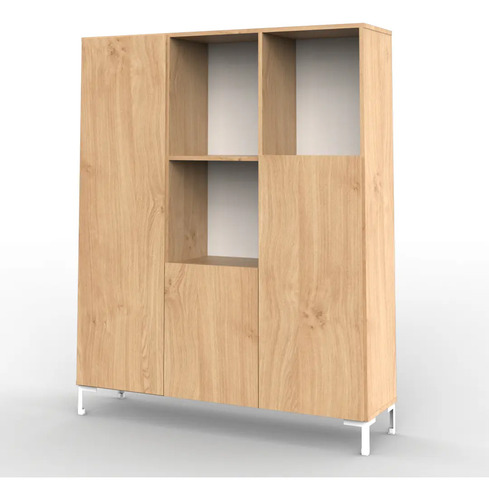 Biblioteca Estantería Melamina Diseño Oslo Nórdico Organizador Living Oficina Estudio Columna Modular 3 Cuerpos 3 Puertas 9 Estantes Roble Natural Patas Blancas Los110 Dielfe