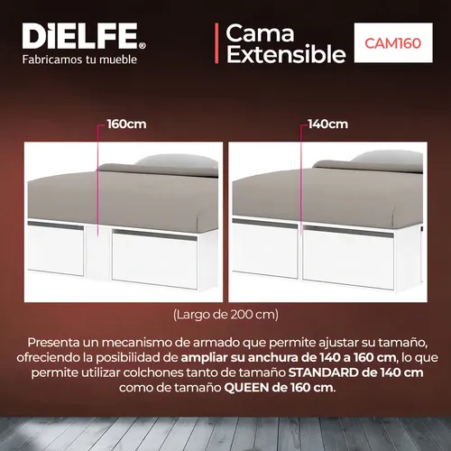 Cama Box 2 Plazas Queen Xl Extensible 140 Cm O 160 Cm Con Cajones Zapateros Baulera Color Blanca Dormitorio Moderna Guardado Completo Cam160 Dielfe