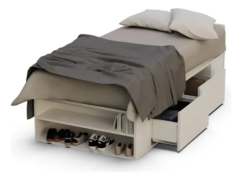 Cama 1 Plaza Con Cajones Box Madera Zapatero Estanteria Baulera Sommier Guardado Melamina Blanco 90x190 Cm Moderna Cam100 Dielfe