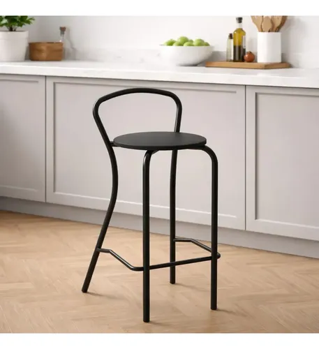 Banqueta Milano Tapizada Cuerina Taburete Alto Cocina Barra Desayunador Living Estructura Caño Redondo Resistente 120 Kg Moderna Negro Asiento Negro Bml017 Dielfe Laqueado