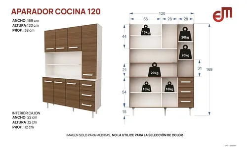 D_912750-MLA99266241604_112025-O.webp Aparador De Cocina 1,20mt Melamina 7ptas 3 Cajones Estantes Color Blanco Frente Avellana