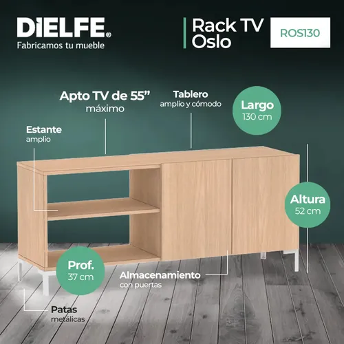 Mueble De Tv Rack Para Tv Led Tele Televisor Hasta 55'' Con 2 Puertas 2 Estantes Melamina 130cm Color Roble Natural Moderno Linea Oslo Ros130 Dielfe