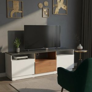Rack Mesa Tv Led Ricchezze Mundial 180 Cm Hyckory Blanco Color Pietra / Cognac