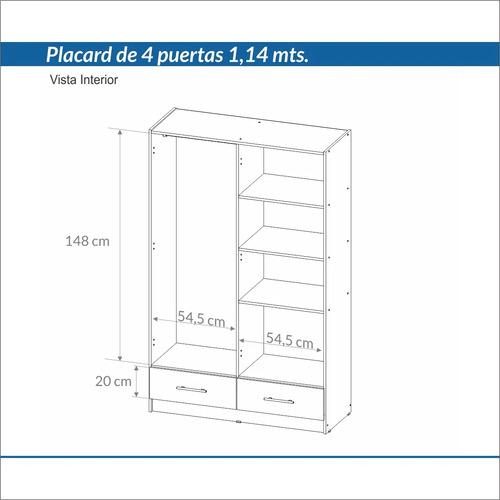 Placard Ropero 4 Puertas, 2 Cajones 1.14- 1.80- 0.47 Dpb 114