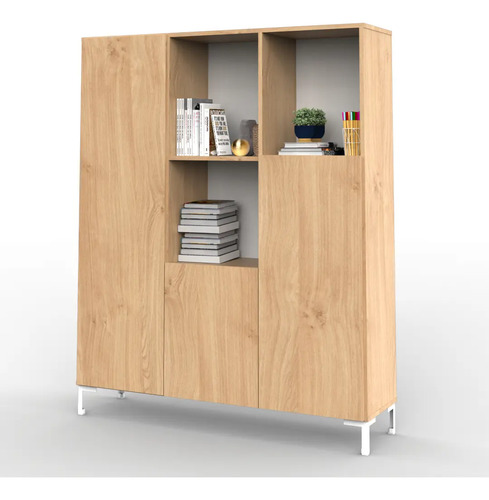 Biblioteca Estantería Melamina Diseño Oslo Nórdico Organizador Living Oficina Estudio Columna Modular 3 Cuerpos 3 Puertas 9 Estantes Roble Natural Patas Blancas Los110 Dielfe