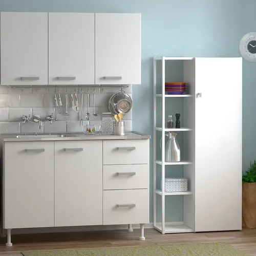 Despensero De Una 1 Puerta Mueble Alacenero Organizador Con Estantería Integrada Izquierda O Derecha + 4 Estantes Internos Ajustables De Cocina Melamina 150cm Color Blanco Multifunción Dielfe D050e
