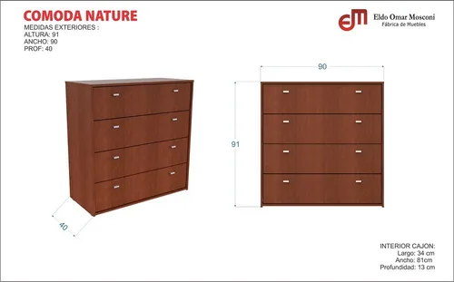 Comoda Cajonera Chifonier 4 Cajones 90 X 92 X 47. Nature