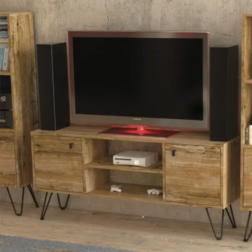 D_959251-MLU75707558848_042024-O.webp Mueble De Tv Rack Para Tv Led Tele Televisor Hasta 60'' Con 2 Puertas 2 Estantes Mdp 140cm Color Atakama Negro Industrial Patas De Hierro Re141 Dielfe