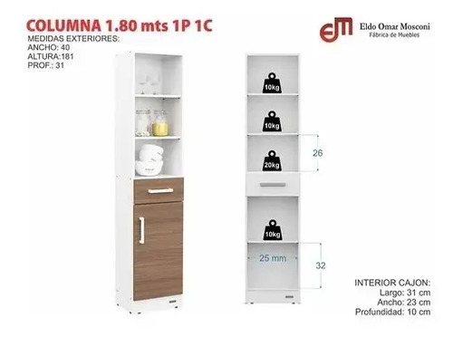 Despensero Organizador 1,80 Mts. 1 Puerta 1 Cajón. Cod 10199