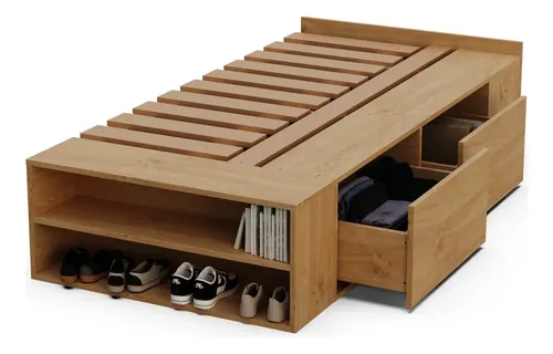 Cama 1 Plaza Con Cajones Box Madera Zapatero Estanteria Baulera Sommier Guardado Melamina Roble Kendal 90x190 Cm Moderna Cam100 Dielfe