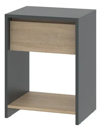 Mesa De Luz Moderna Mesita De Noche Línea Niza Gris Y Roble Kendal 1 Cajón Frente Símil Madera Estante Inferior Melamina... Mate Gris / Roble Kendal
