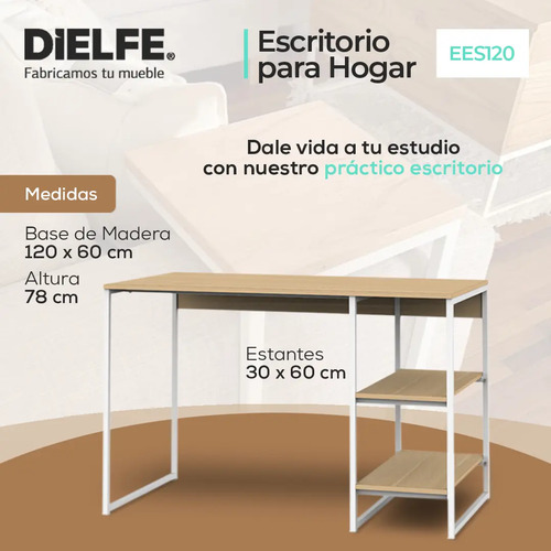 Escritorio Mesa De Trabajo Hogar Oficina Para Computadora Cpu 3 Estantes 120cm Color Blanco Y Roble Natural Ees120 Dielfe Roble Natural / Blanco