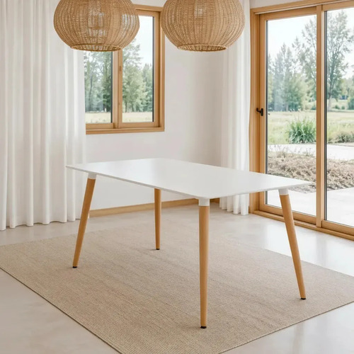Mesa Nordica Eames Rectangular Comedor 140 X 80 Tapa Blanco Patas Natural Marrón