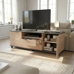 D_927265-MLA112390178643_052026-O.webp Rack Tv Organizador Gris Móvil 160cm Con Ruedas 2 Puertas 2 Cajones Estante Melamina Moderno Mueble Living Centro... Roble Kendal / Gris