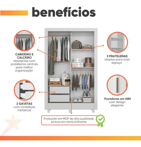 Placard Santos Andirá Belgica BELGICA 2PTS BRANCO de mdp12 y 15mm con 2 puertas corredizas