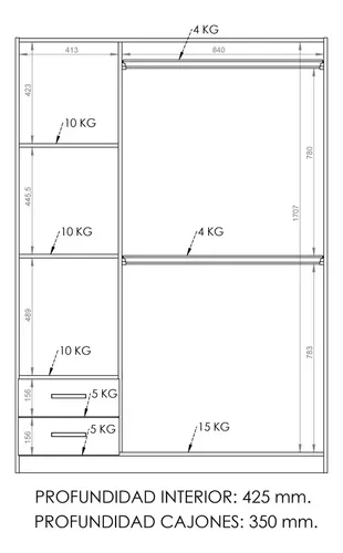 Placard Dielfe Clásica PAC130 de madera con 3 puertas batientes